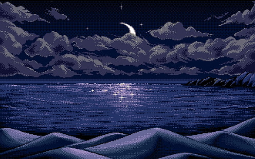 море обои, цифровое искусство, пиксель арт, пиксели, луна, горизонт, синий, отражение, природа, море, облака, холмы, горы, ночь, звезды, пейзаж, HD обои HD wallpaper