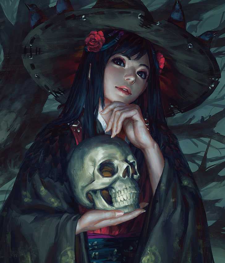 Z.W. Gu, brunette, women, flowers, skull, mantle, trees, HD wallpaper