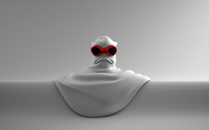 weißes und rotes Maskenmaskottchen, weißer Hintergrund, Minimalismus, digitale Kunst, traurig, Schutzbrillen, HD-Hintergrundbild