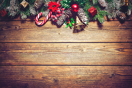 Christmas ornaments, decoration, branches, Board, New Year, Christmas, balls, bumps, wood, merry christmas, xmas, fir tree, HD wallpaper HD wallpaper