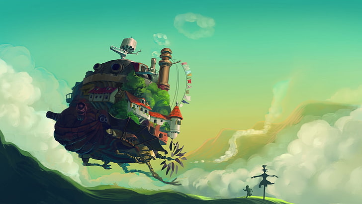 коричневый и зеленый самолет с иллюстрацией домов, студия Ghibli, Howl's Moving Castle, фэнтези-арт, произведения искусства, аниме, цифровое искусство, HD обои