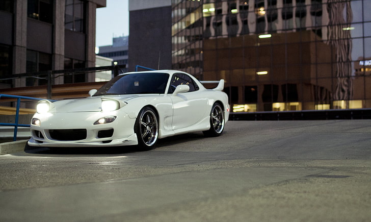 white Mazda RX-7 coupe, photo, Desktop, City, white, cars, auto, cars walls, wallper, Tuning, wallpapers auto, Tuning cars, Parking, Mazda rx7, HD wallpaper