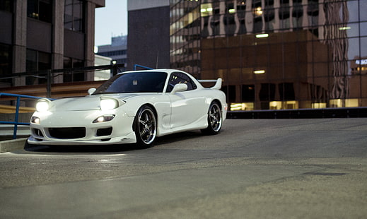 white Mazda RX-7 coupe, photo, Desktop, City, white, cars, auto, cars walls, wallper, Tuning, wallpapers auto, Tuning cars, Parking, Mazda rx7, HD wallpaper HD wallpaper