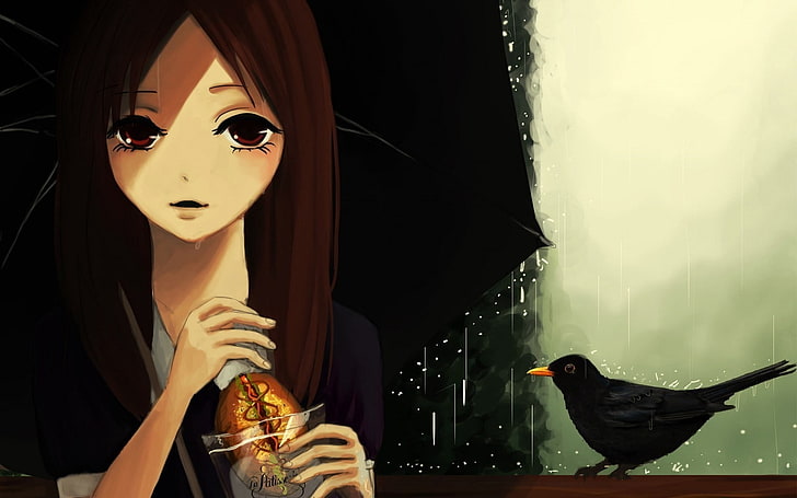 brown-haired female character illustration, anime girls, fantasy art, manga, anime, birds, HD wallpaper