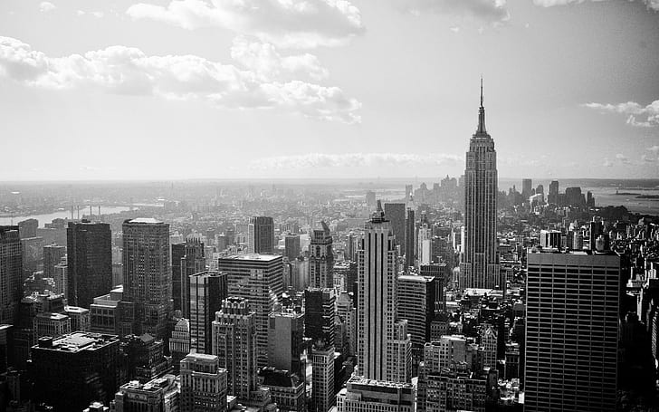 New York City Empire State Building Black and White HD, black and white, empire state building, film, grain, new york city, noise, HD wallpaper