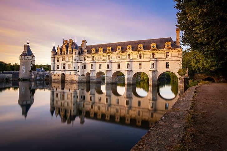 reflection, river, castle, France, Castle of Chenonceau, The Castle Of Chenonceau, The Loire Valley, Loire Valley, Река Шер, Cher River, HD wallpaper