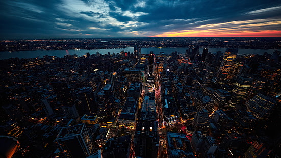 stadsbild, new york city, storstadsområde, sky, new york, flygfotografering, metropol, skyline, natt, horisont, skymning, moln, usa, HD tapet HD wallpaper