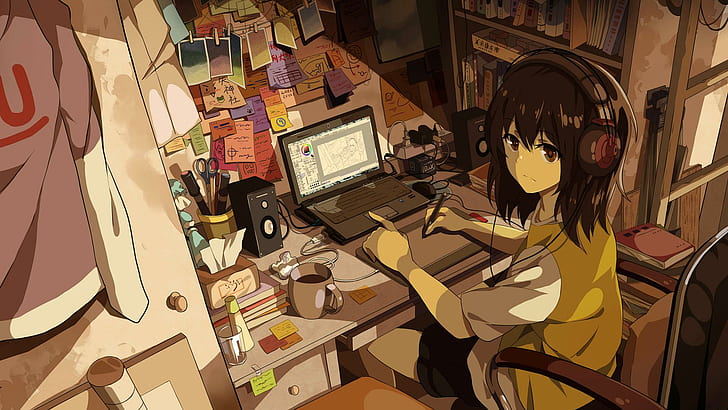 Rooms, Anime Girls, Laptop, Headphone, Drawing, rooms, anime girls, laptop, headphone, drawing, HD wallpaper