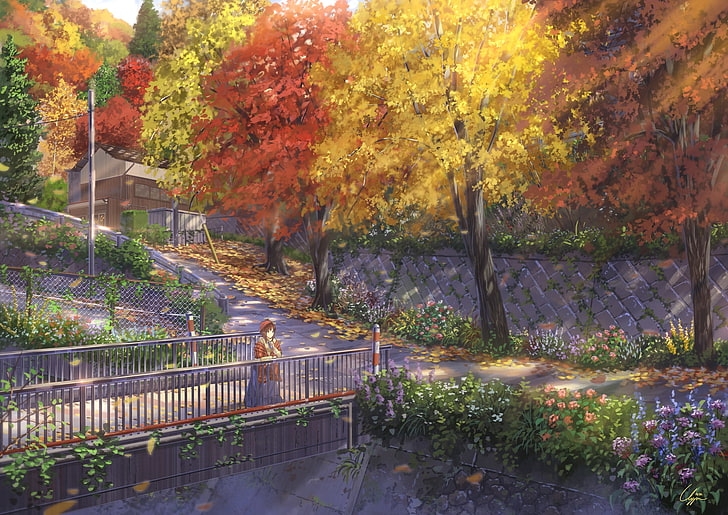 Calles de anime, paisaje, escénico, otoño, niña, puente, flores, anime,  Fondo de pantalla HD | Wallpaperbetter