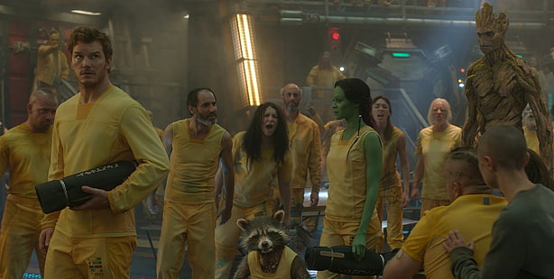 Film, Penjaga Galaxy, Chris Pratt, Gamora, Groot, Peter Quill, Rocket Raccoon, Zoe Saldana, Wallpaper HD HD wallpaper