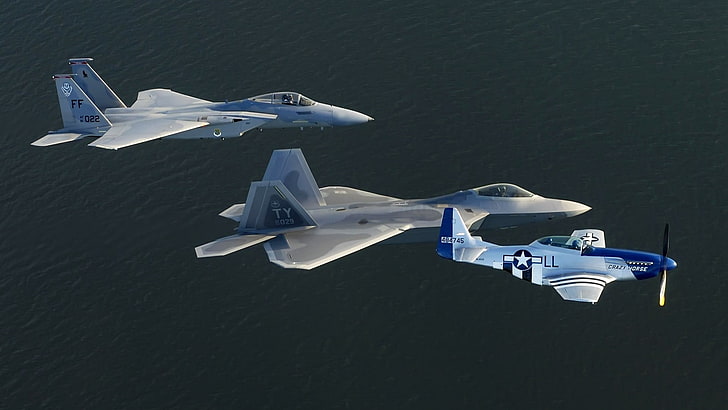 due aerei da combattimento grigi, aerei militari, aereo, jet, F-15, F-22 Raptor, Mustang nordamericano P-51, aereo, Sfondo HD