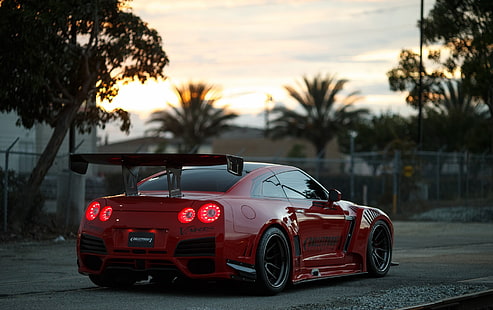 czerwony samochód sportowy, samochód, Nissan, samochody wyścigowe, droga, Nissan GT-R, samochody czerwone, Tapety HD HD wallpaper