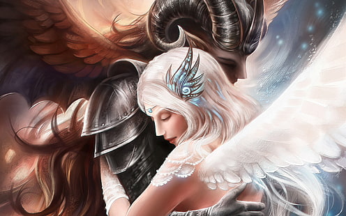 ilustracja anioła, dziewczyna, miłość, anioł, demon, sztuka, uściski, facet, Tapety HD HD wallpaper