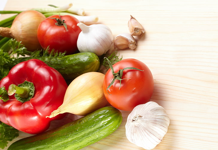 red tomato, vegetables, table, tree, peppers, cucumbers, tomatoes, garlic, onion, HD wallpaper