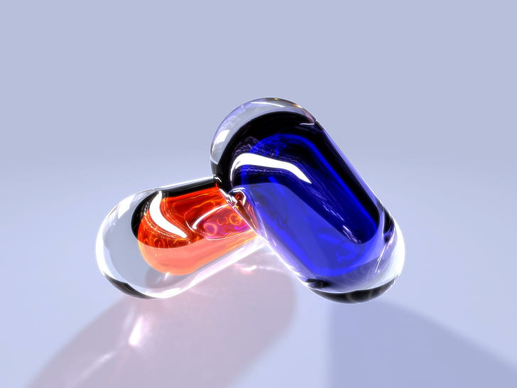 Red Blue Coloured Pills, pills, blue, coloured, 3d and abstract, HD wallpaper