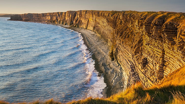 natura, paesaggio, cielo, mare, acqua, sabbia, montagne, tramonto, foto di drone, veduta aerea, costa, Galles, Regno Unito, Sfondo HD
