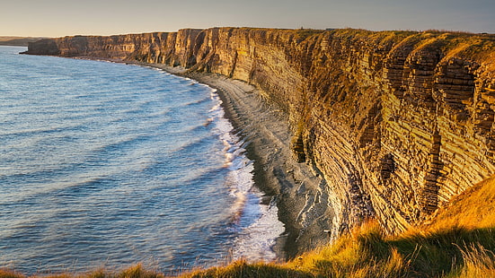 nature, paysage, ciel, mer, eau, sable, montagnes, coucher de soleil, photo de drone, vue aérienne, côte, Pays de Galles, Royaume-Uni, Fond d'écran HD HD wallpaper