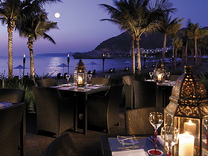 Candlelight Beach Dining, вид, остров, отель, при свечах, курорт, обедать, закат, темнота, океан, песок, еда, стол, ресторан, лампа, вечер, HD обои HD wallpaper