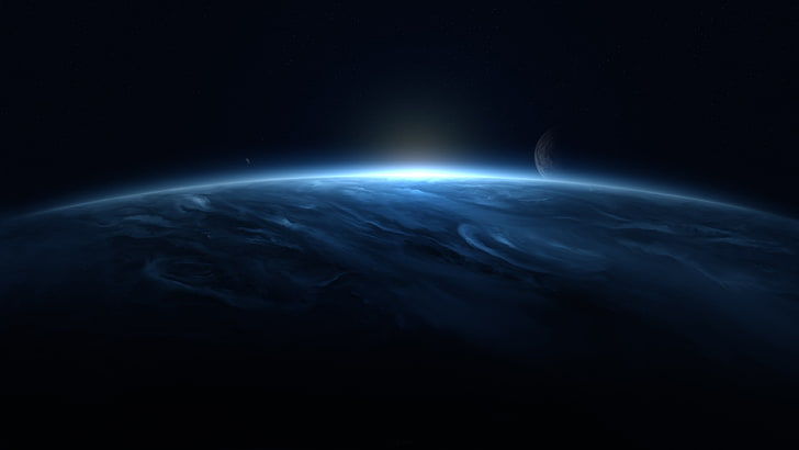 fondo de pantalla digital de planeta azul, arte de fantasía, arte digital, pixelado, obra de arte, ciencia ficción, bengalas, nubes, planeta, luna, estrellas, Fondo de pantalla HD