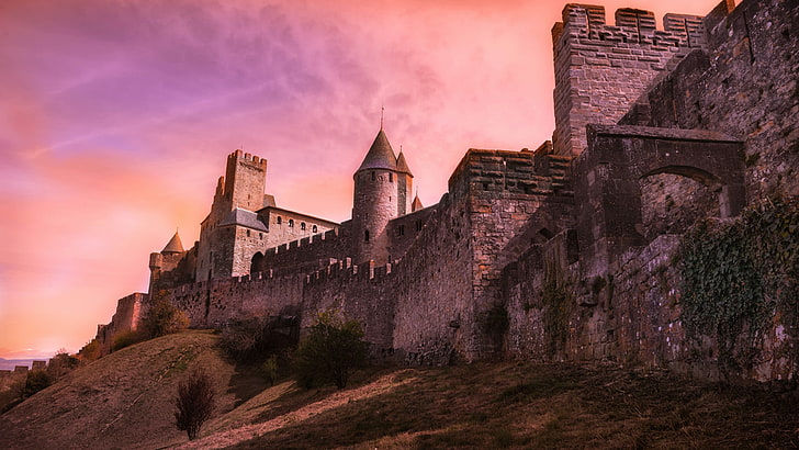 cloud, europe, aude, france, carcassonne, middle ages, town, evening, dusk, history, sky, ruins, wall, medieval architecture, building, historic, fortification, landmark, castle, HD wallpaper