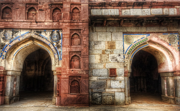 인도의 문, 베이지 색과 갈색 벽돌 건물, 빈티지, 인도, 사원, 빌 게이츠, HD 배경 화면