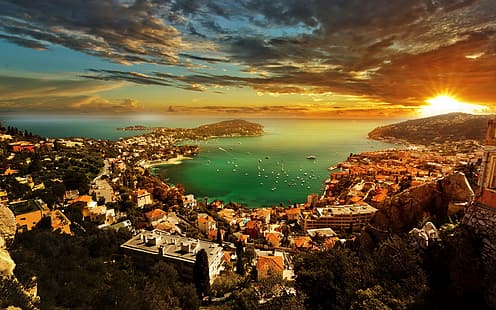 Монако, изгрев, море, Средиземно море, HD тапет HD wallpaper