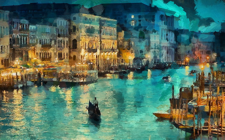 живопись человека, стоящего на лодке на канале, свет, ночь, огни, дома, лодки, арт, Италия, Венеция, канал, гондола, HD обои