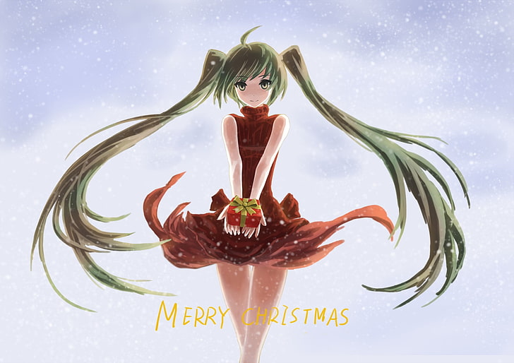 Vocaloid, Hatsune Miku, Christmas, twintails, long hair, snow flakes, snow, presents, anime girls, anime, HD wallpaper
