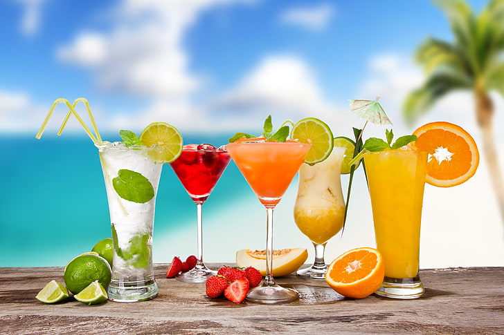five pair of clear drinking glasses, summer, berries, orange, glasses, strawberry, umbrellas, lime, fruit, citrus, cocktails, tube, melon, Mojito, Pina colada, HD wallpaper