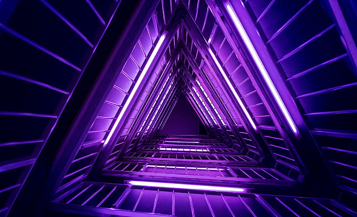 Фиолетовый, Треугольники, Неон, Огни, 4K, HD обои