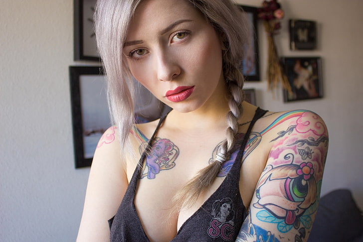 Marlene Suicide, women, model, dyed hair, Braided hair, indoors, bokeh, looking at viewer, red lipstick, tank top, inked girls, tattoo, women indoors, Suicide Girls, HD wallpaper