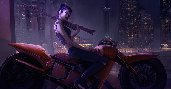 Sci Fi, киберпанк, город, футуристический, девушка, мотоцикл, оружие, женщина-воин, HD обои HD wallpaper