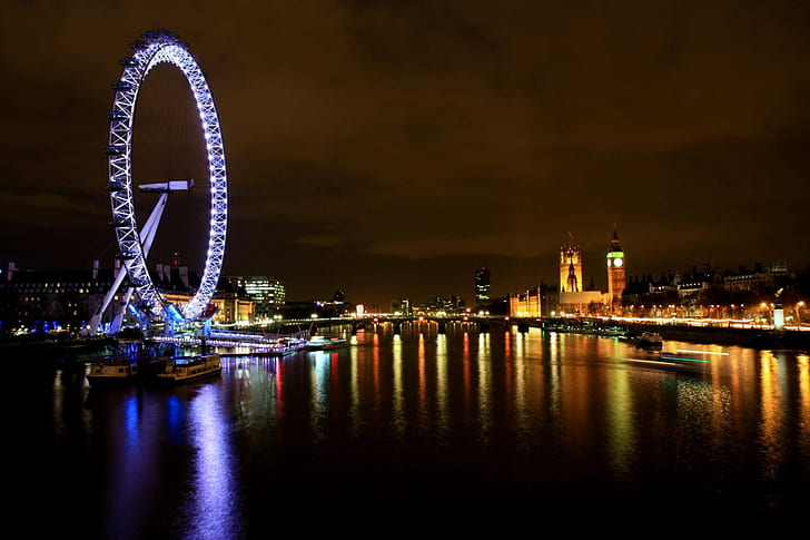 Лондонско око градски пейзаж, Уестминстър мост, Уестминстър мост, Уестминстър мост, Лондонско око, градски пейзаж, пейзаж, нощ, известно място, река, река Темза, градски силует, мост - изкуствена структура, архитектура, градска сцена, дестинации за пътуване, Лондон - Англия , град, здрач, пътуване, осветена, международна забележителност, отражение, туризъм, Великобритания, Англия, HD тапет