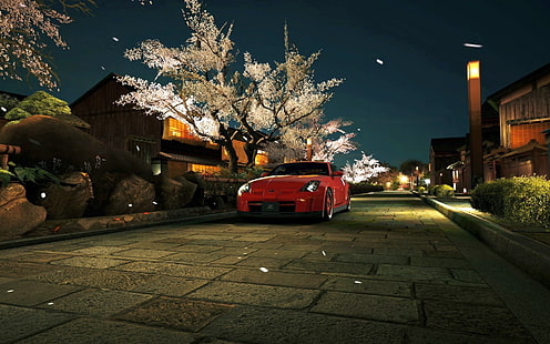 กลางคืน, ไฟถนน, ต้นไม้, ดอกซากุระ, รถยนต์, ฤดูใบไม้ผลิ, ทิวทัศน์ของเมือง, ญี่ปุ่น, แกรนทัวริสโม, วอลล์เปเปอร์ HD HD wallpaper