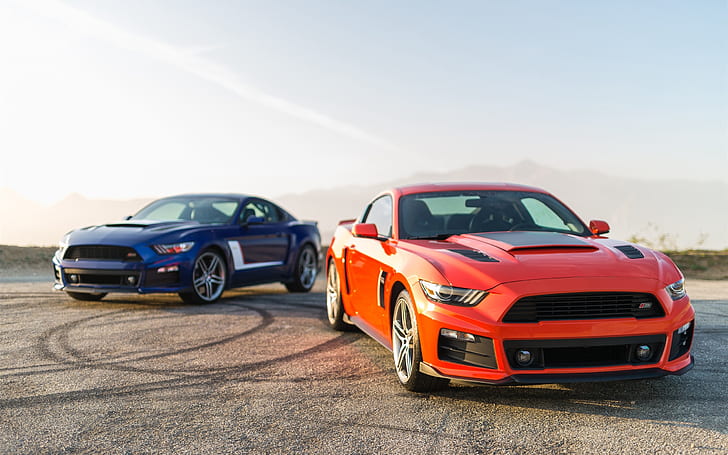 2014 Ford Mustang turuncu ve mavi renkli araba, kırmızı ve mavi spor coupe, 2014, Ford, Mustang, Turuncu, Mavi, renkli araba, HD masaüstü duvar kağıdı