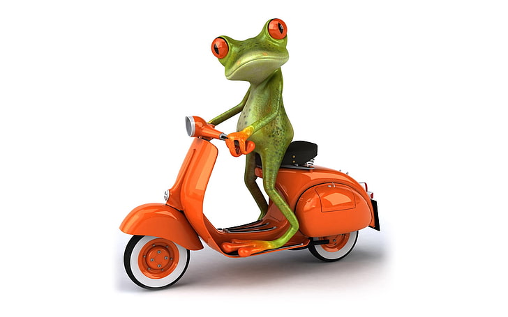 カエルの運転のスクーター、緑の木のカエルに乗ってオートバイのイラスト、面白い、カエル、運転、スクーター、 HDデスクトップの壁紙
