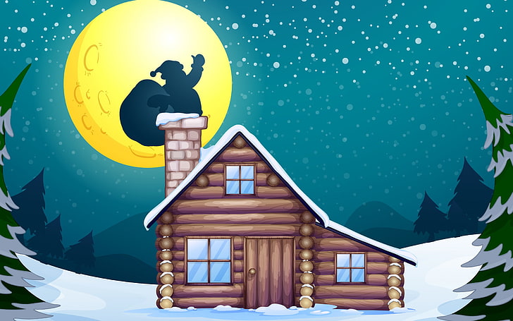 Grafica della neve di Natale, illustrazione della casa marrone, Festival / Feste, Natale, festival, Babbo Natale, luna, neve, Sfondo HD