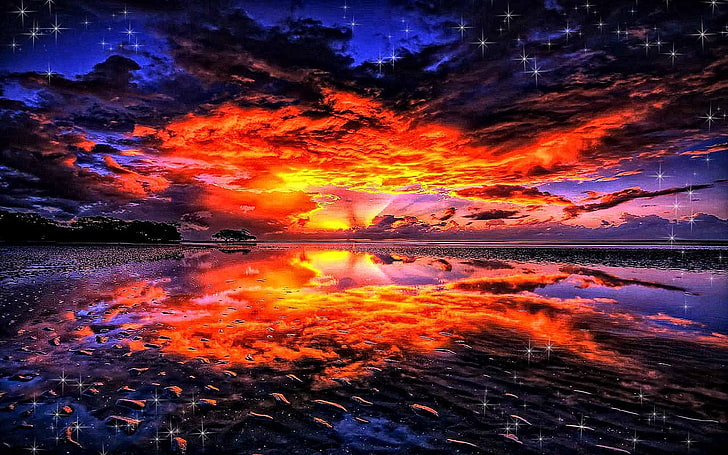 cloud ember Double Nature Sky HD Art , lake, cloud, REFLECTION, ray, ember, starry, HD wallpaper