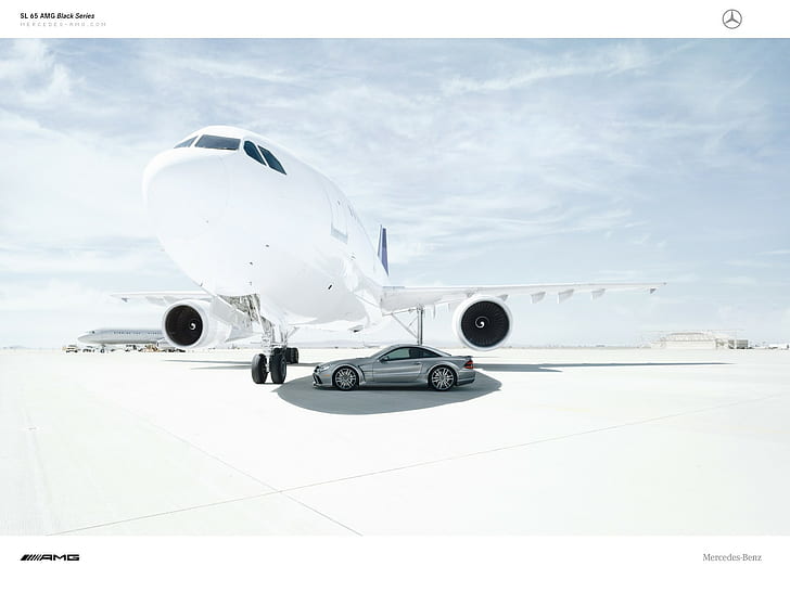 Mercedes AMG Airplane Plane HD, white passenger plane and silver sedan, cars, mercedes, amg, plane, airplane, HD wallpaper