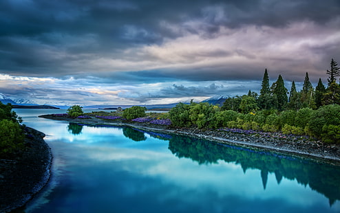island beside the body of water, lake tekapo, lake tekapo, Evening, blue Lake, Lake Tekapo, island, body of water, com, stuck, customs, travel  blog, photography, photoblog, hdr, high  dynamic  range  imaging, digital  processing, software, tutorial, southwest  pacific, new  Zealand, Aotearoa, south island, Te Wai Pounamu, Te Waka a Maui, blue  lake, lake  tekapo, water, reflection, trees, natural, weather, clouds, sunset, scenic, scenery, nature, Nikon d800, landscape, sky, cloud - Sky, forest, outdoors, lake, scenics, tree, beauty In Nature, blue, summer, mountain, HD wallpaper HD wallpaper