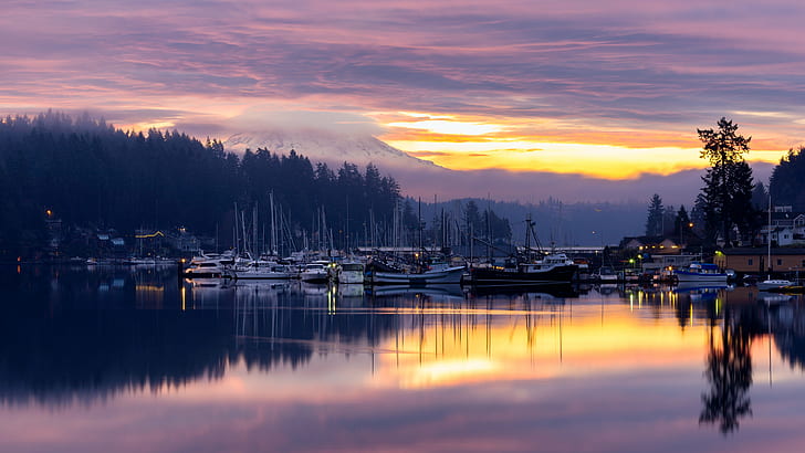 boat port near forest, Reveal, boat, port, forest, morning, gig harbor, Mt. Rainier, water, reflection, clouds, sun, Pacific Northwest, Canon EOS 5D Mark III, 2L, USM, washington, nautical Vessel, sunset, nature, lake, dusk, landscape, outdoors, sky, HD wallpaper