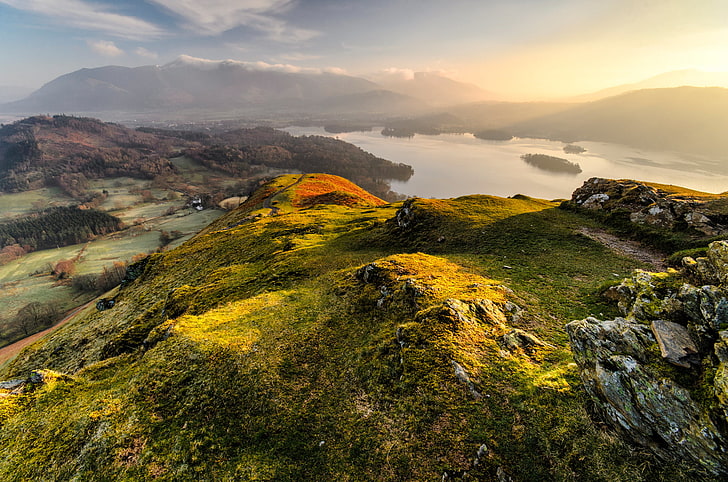 green grass mountain, light, mountains, hills, morning, lake, England, Cumbria, national Park lake district, HD wallpaper