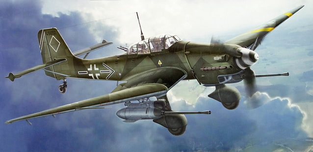 зелен и сив самолет на витлото, изкуство, живопис, авиация, Junkers Ju 87 G-2 Stuka & quot; Rudel & quot;, немски IIWW Dive-Bomber, HD тапет HD wallpaper