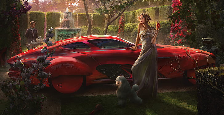 жени, кола, червени коли, превозно средство, произведения на изкуството, Еди Мендоса, футуристичен, HD тапет