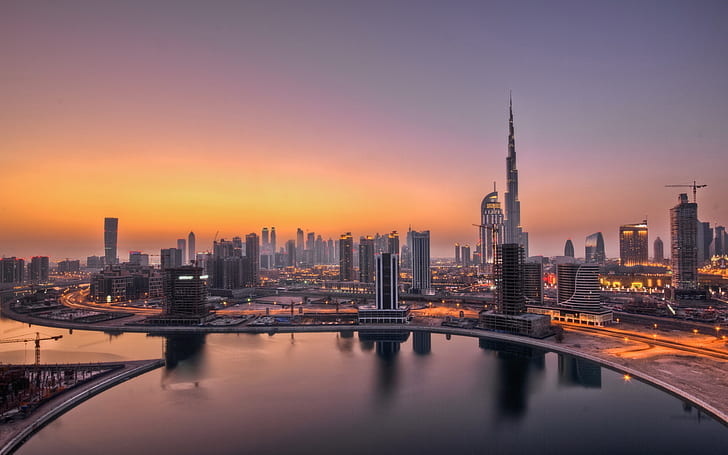 Emirati Arabi Uniti, Dubai, luci, alba, edifici della città, skyline della città, Emirati Arabi Uniti, Dubai, luci, alba, città, edifici, Sfondo HD
