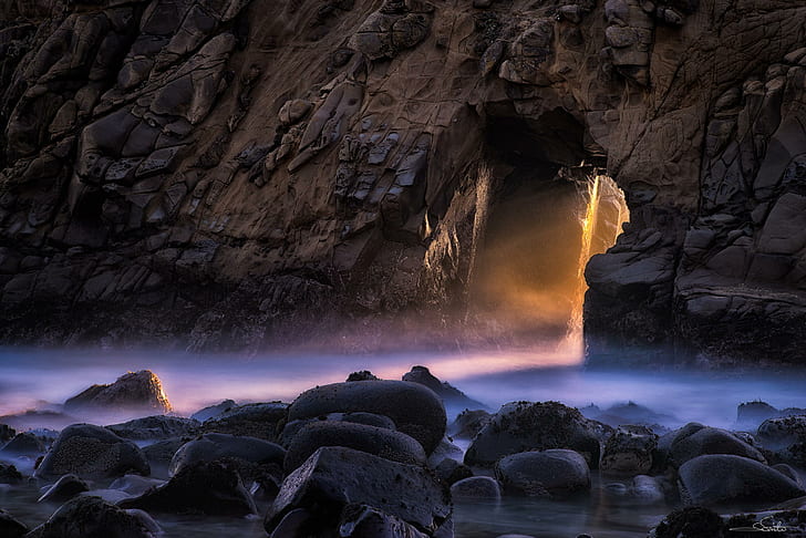 rock, stones, the ocean, sunset, California, pacific, Big Sur, Pfeiffer Beach, HD wallpaper