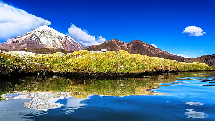 зеленые горы в дневное время, Боливия, озеро, горы, вода, облака, снежный пик, природа, пейзаж, отражение, HD обои