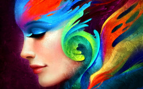 Рисованные Красота, лицо, цвета, живопись, девушка, 3d и абстракция, HD обои HD wallpaper