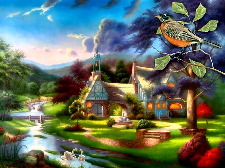 bird Cottage Summer Cottage Abstract 3D and CG HD Art , Bird, nature, water, house, summer, cottage, HD wallpaper