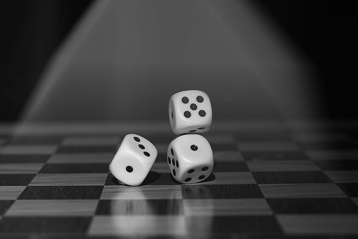 black and white, board, board game, chance, cube, dice, fun, gambling, game, leisure, luck, monochrome, play, random, reflection, roll the dice, toy, HD wallpaper